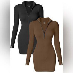 OQQ Women's 2 Piece Dress Ribbed Zip Front Long Sleeve Tops Mini Dress